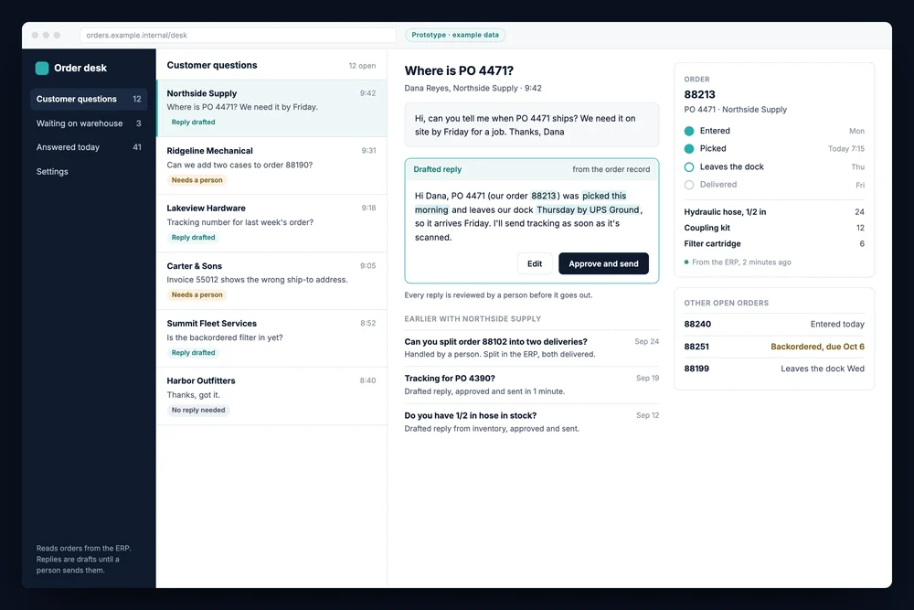 Order desk example prototype with a drafted reply reviewed by a person